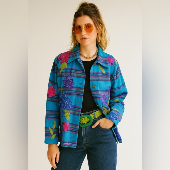 VINTAGE CHICO'S Blue Cotton Jacket With Silk Floral Appliqué S/8 - Picture 8 of 8
